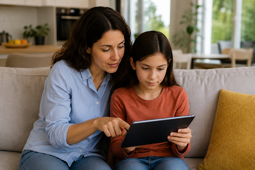 A mother guiding her daughter using a tablet safely at home