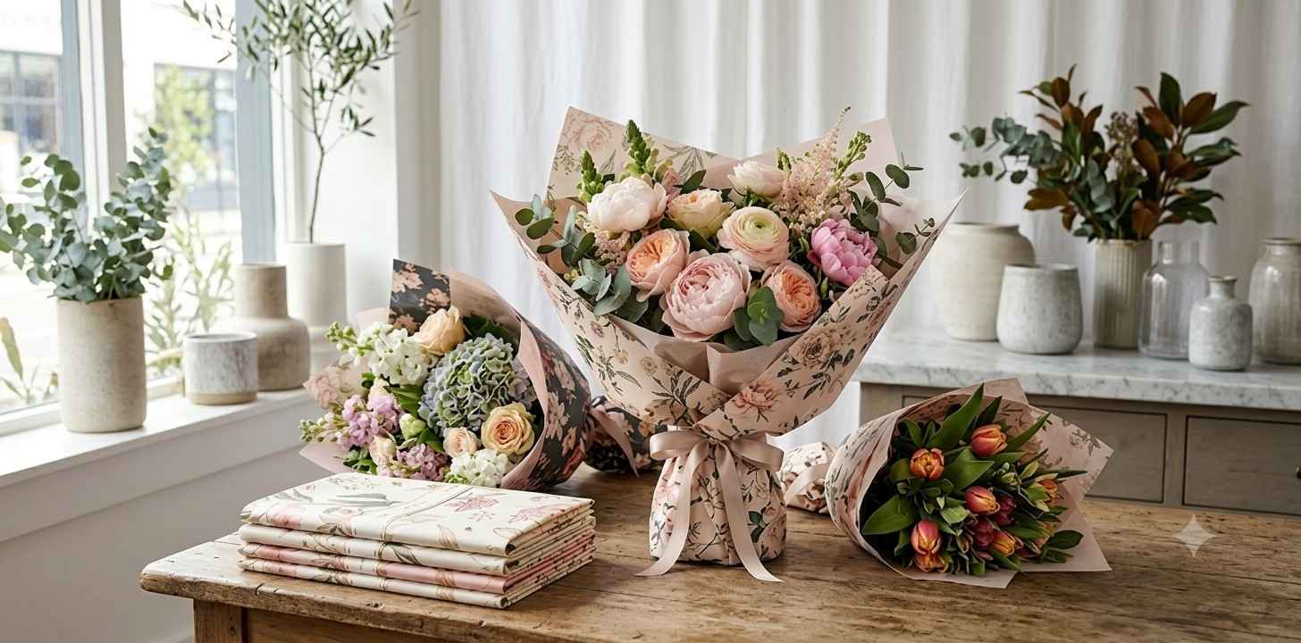 A bouquet of fresh flowers wrapped in elegant patterned floral paper.