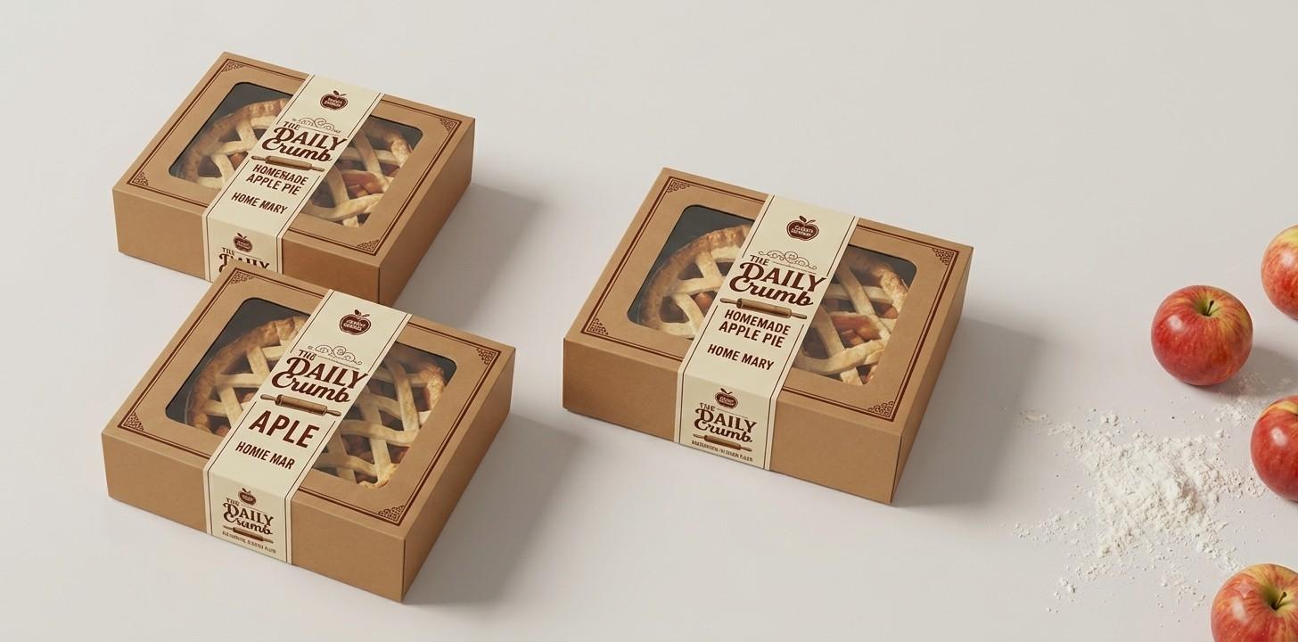 Row of eco-friendly custom pie boxes made from natural brown kraft paper, featuring clear window cutouts and branded labels, arranged on a rustic wooden table.
