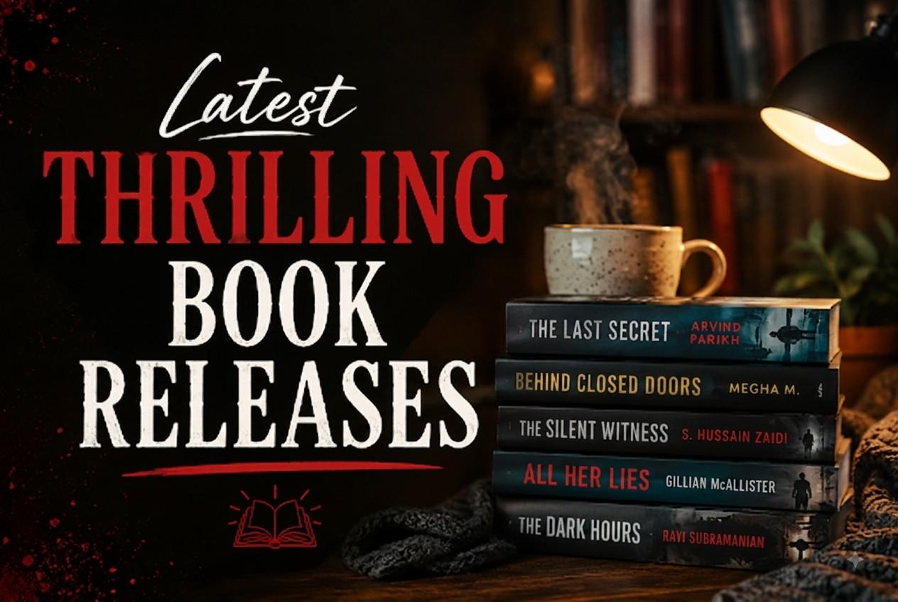 Stack of latest book releases beside a warm cup of coffee and autumn leaves.