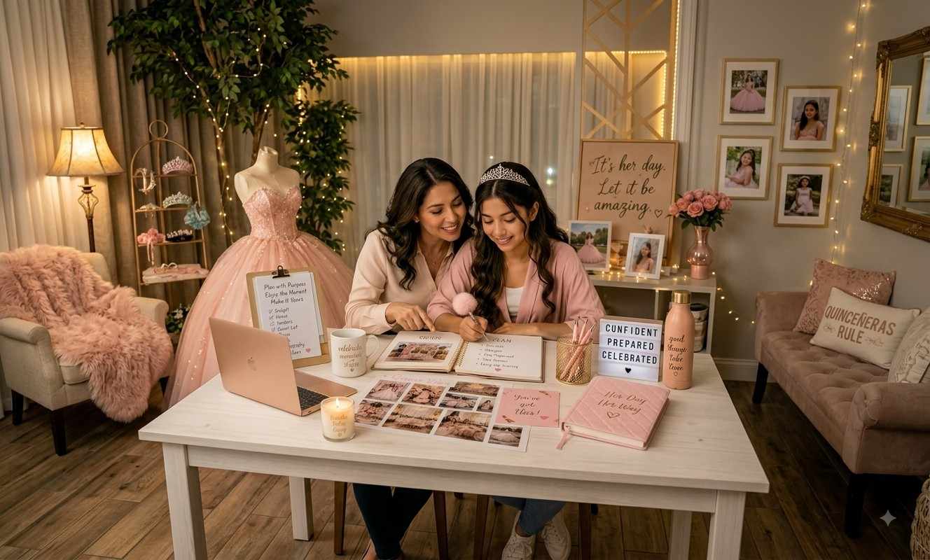 An introverted teen girl wearing a crown sits cozy with friends planning her Houston Quinceañera in a warmly lit room.