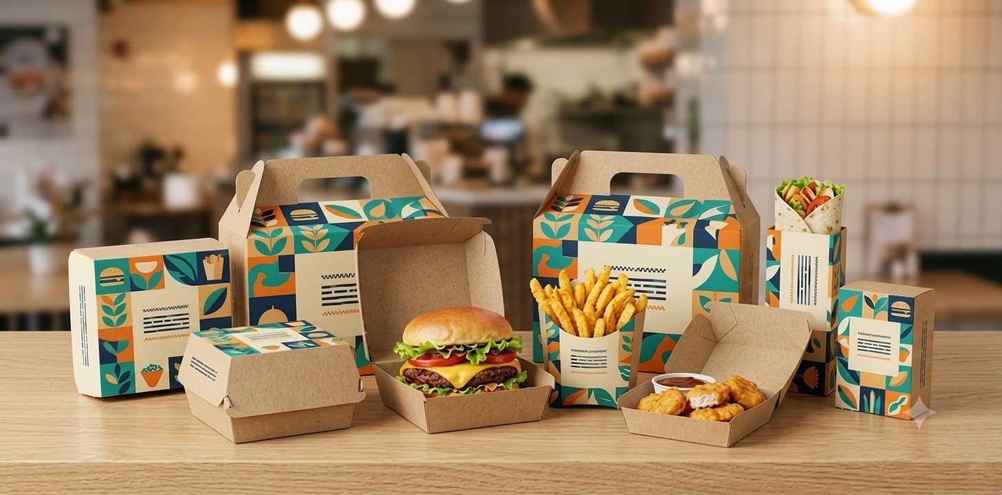 Assorted fast food packaging boxes with burger, fries, and takeaway containers