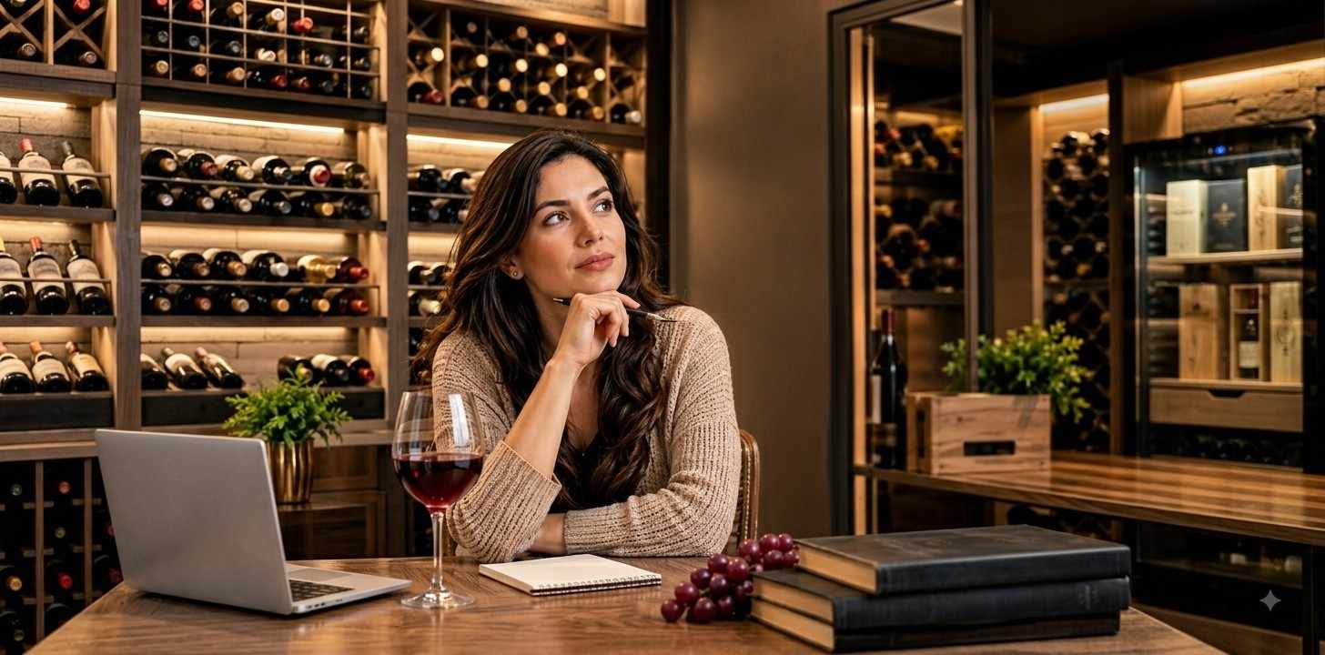 A thoughtful woman sitting at a desk in a luxurious home wine cellar, surrounded by custom backlit wine racks filled with bottles.