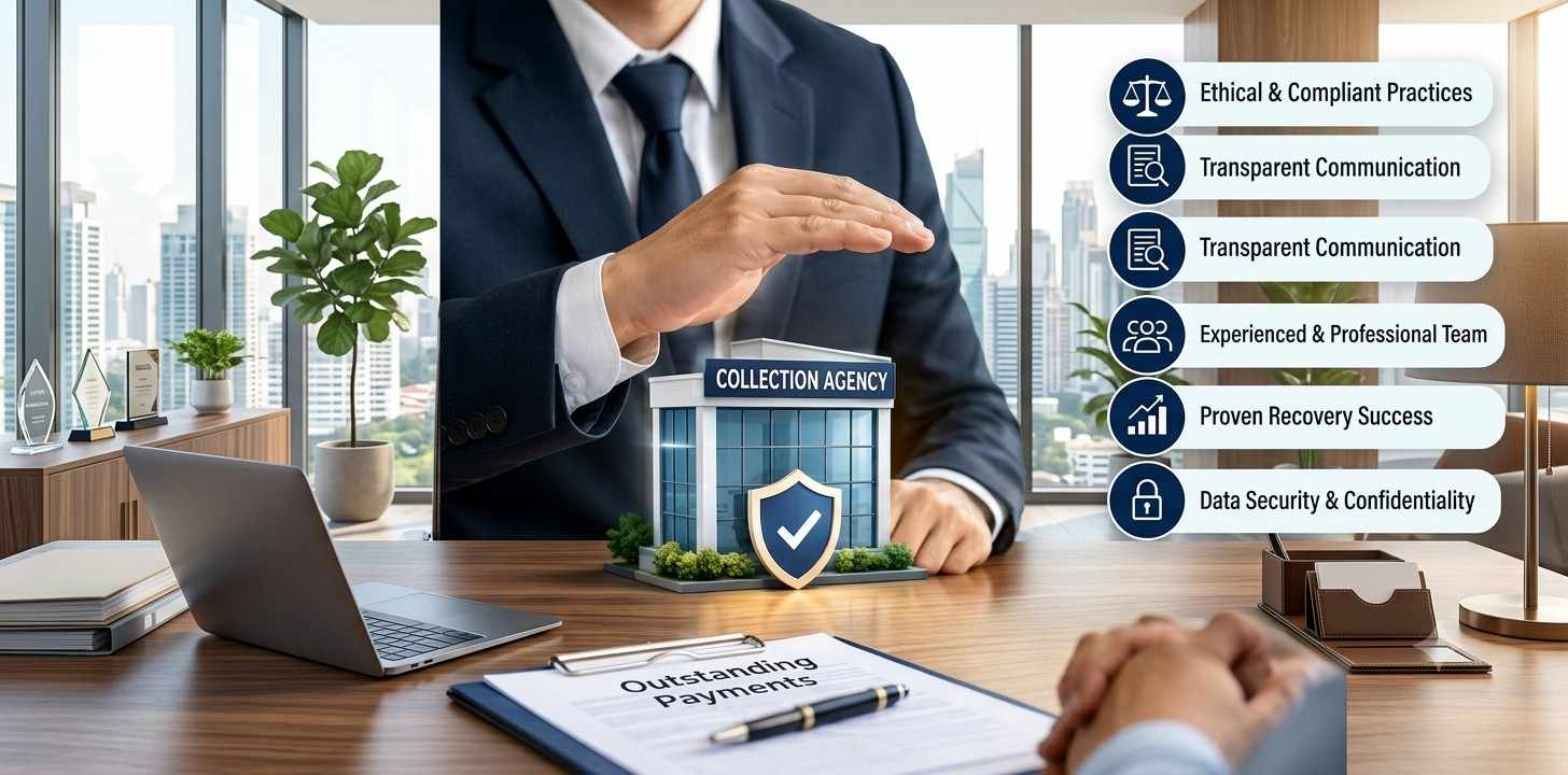 Business professional placing a blue house icon on a stack of coins next to financial charts and a debt collection hourglass.