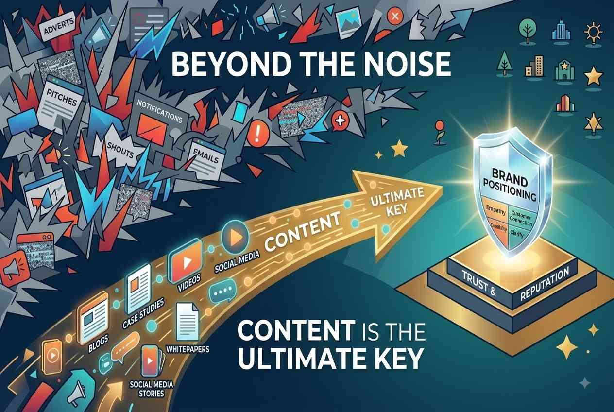Digital marketing graphic with glowing target, lightbulb, and arrow icons featuring the text "Beyond the Noise: Content is the Ultimate Key to Brand Positioning."