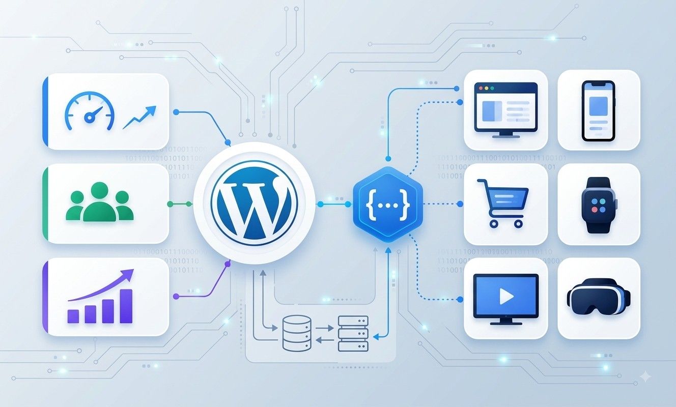 A conceptual graphic showing a WordPress logo connected via web APIs to various digital devices and platform icons.