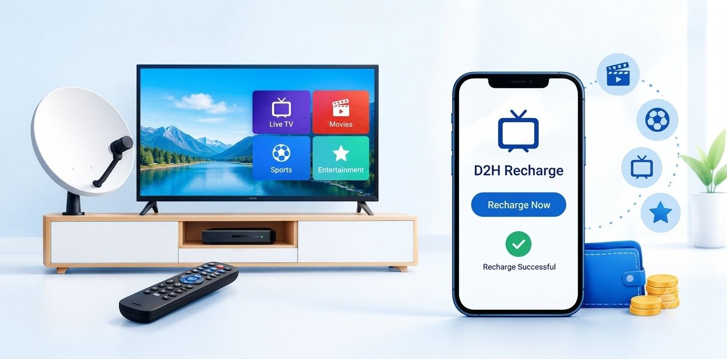 D2H recharge visual showing a smartphone displaying a digital payment app alongside a television set.
